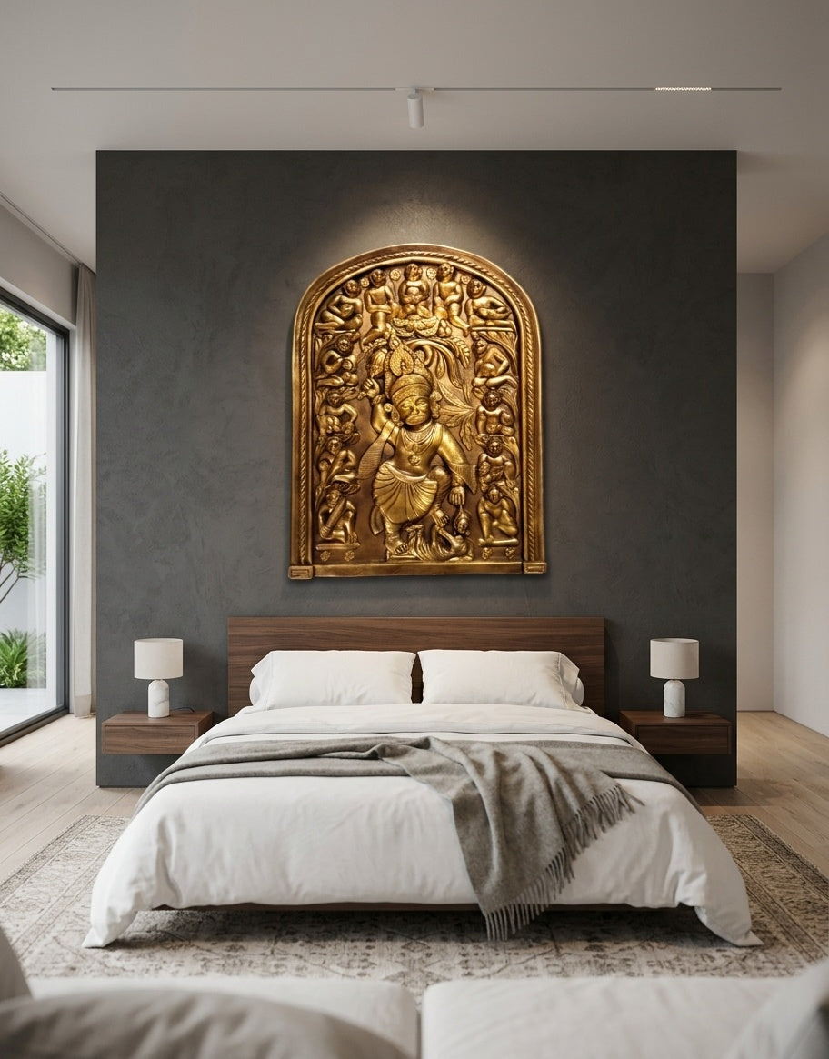 Golden Veera Hanuman 3D Relief Mural Panel - Room Mockup 3