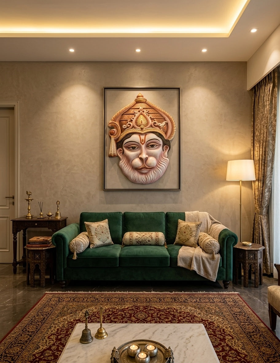 Lord Hanuman 3D Relief Face Wall Sculpture - Room Mockup 1