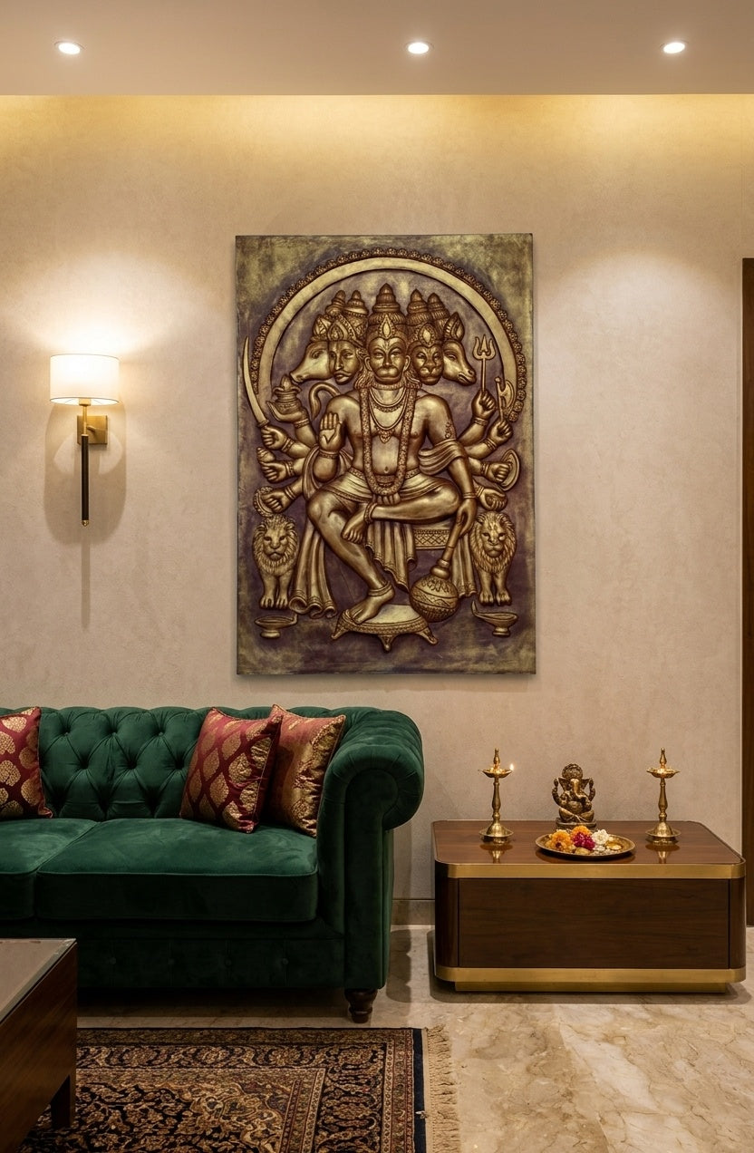Panchamukhi Hanuman 3D Relief Sculpture Panel - Room Mockup 1