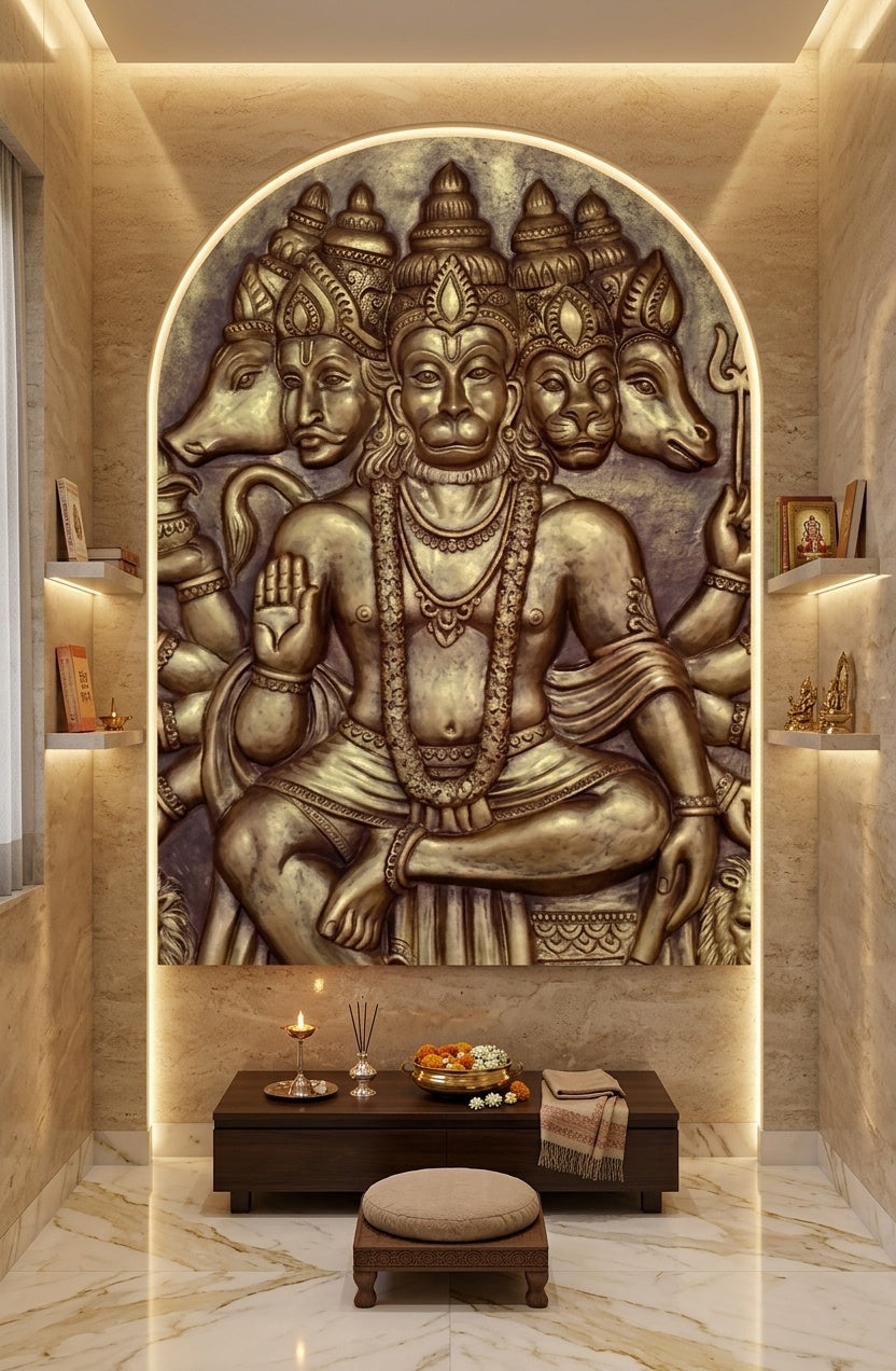 Panchamukhi Hanuman 3D Relief Sculpture Panel - Room Mockup 2
