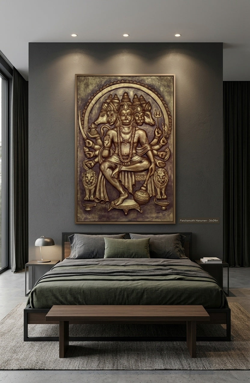 Panchamukhi Hanuman 3D Relief Sculpture Panel - Room Mockup 3