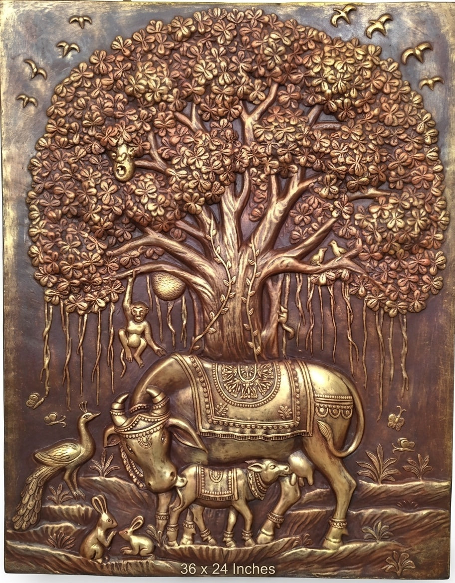 Kamadhenu Cow and Calf under Kalpavriksha Tree 3D Relief Mural Wall Art - Studio Detail