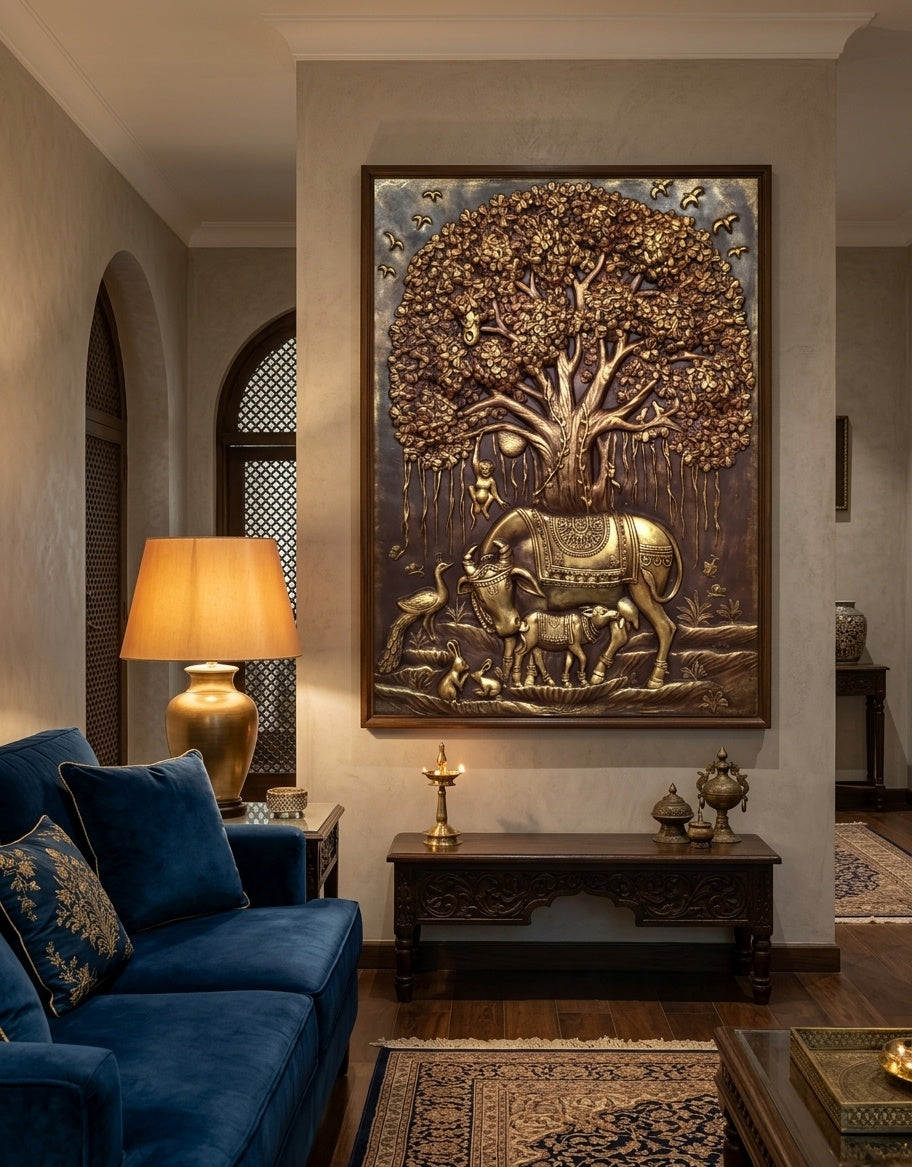 Kamadhenu Cow and Calf under Kalpavriksha Tree 3D Relief Mural Wall Art - Room Mockup 1