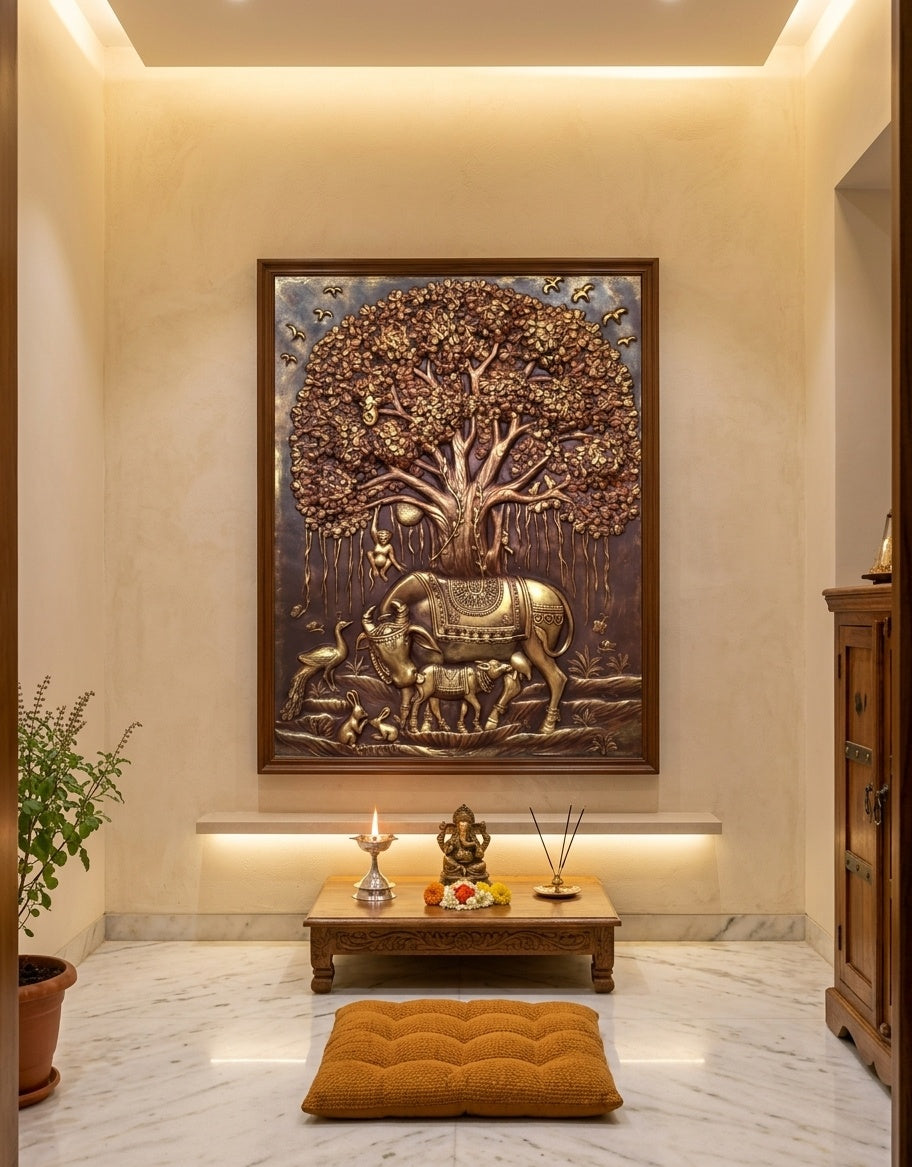 Kamadhenu Cow and Calf under Kalpavriksha Tree 3D Relief Mural Wall Art - Room Mockup 2