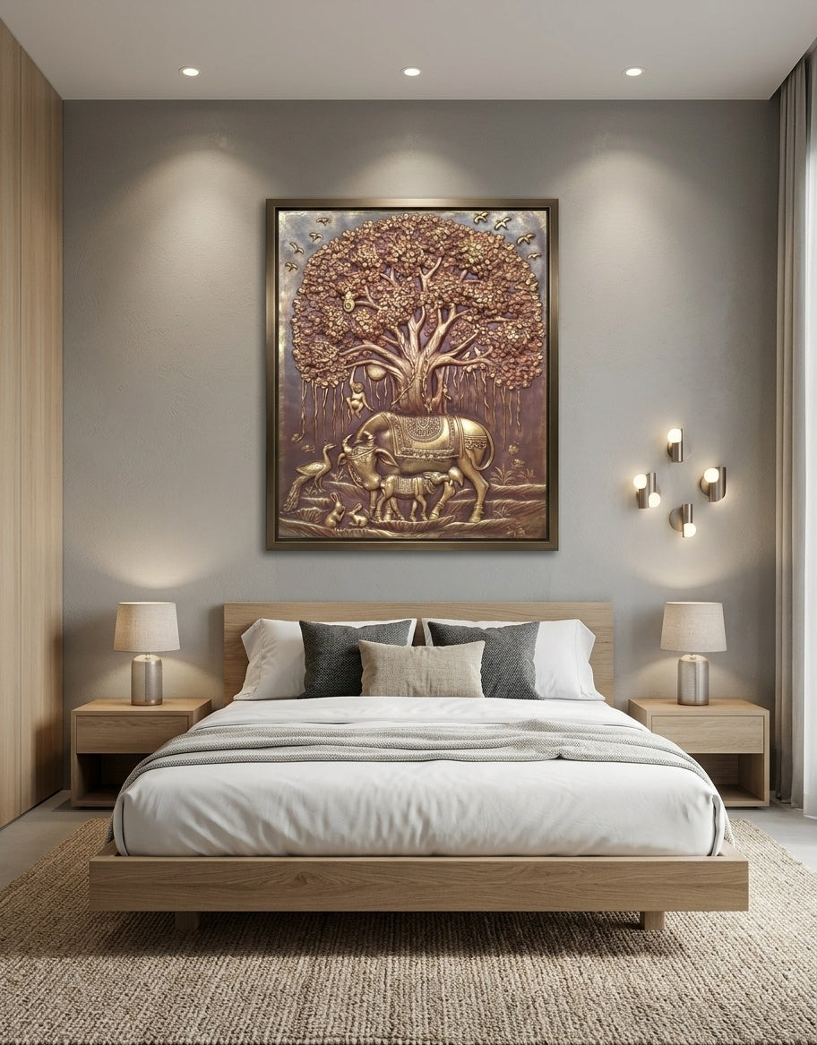 Kamadhenu Cow and Calf under Kalpavriksha Tree 3D Relief Mural Wall Art - Room Mockup 3