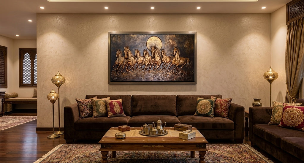 Seven Running Horses 3D Relief Mural Wall Art - Room Mockup 1