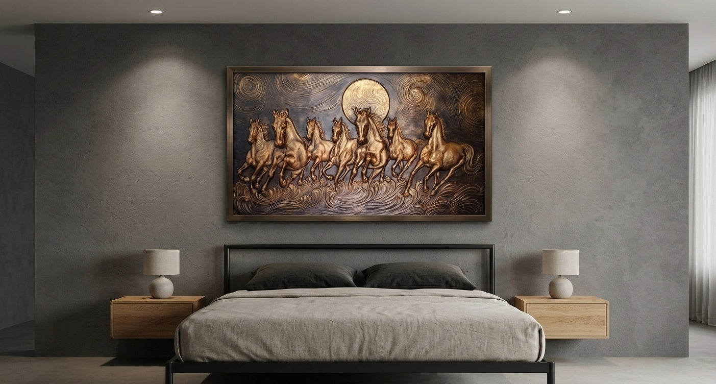 Seven Running Horses 3D Relief Mural Wall Art - Room Mockup 3