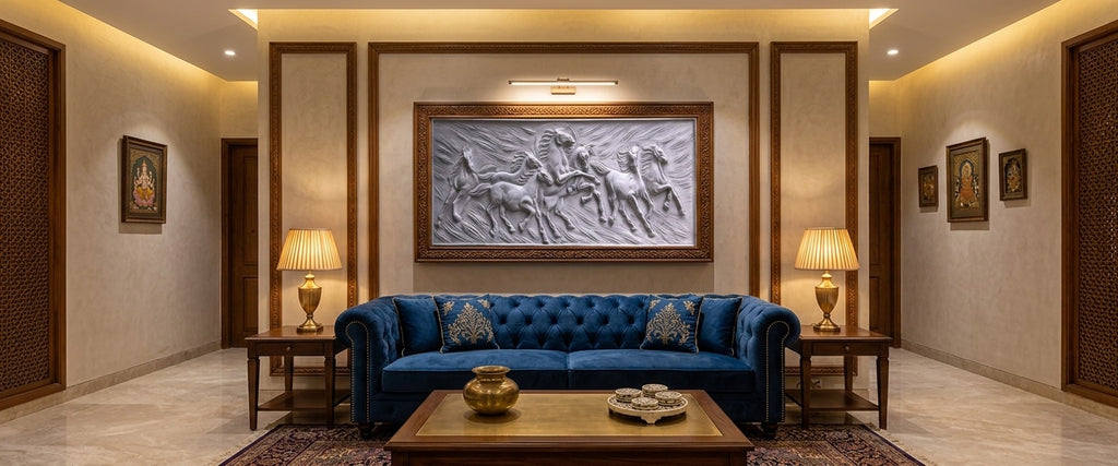 Seven Running Horses 3D Relief Sculpture Mural Panel - Room Mockup 1