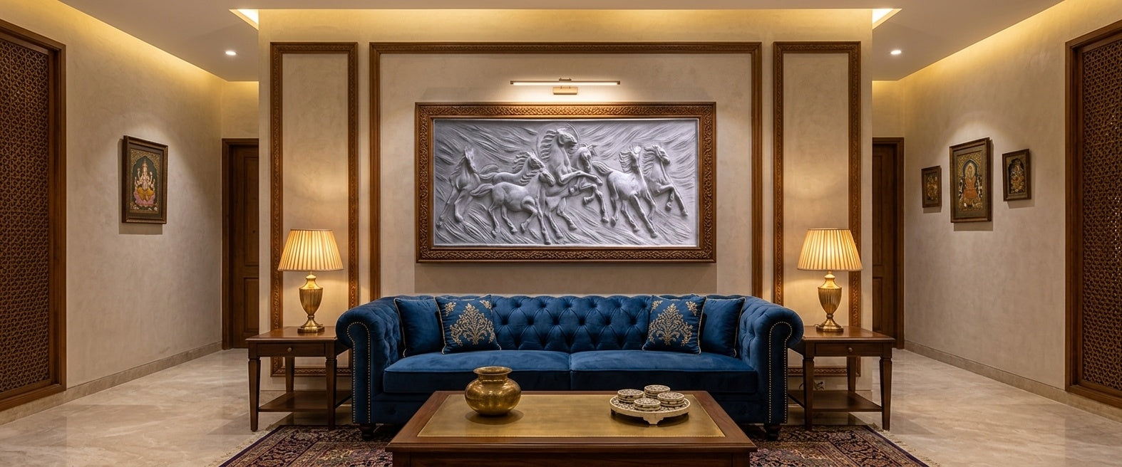 Seven Running Horses 3D Relief Sculpture Mural Panel - Room Mockup 1