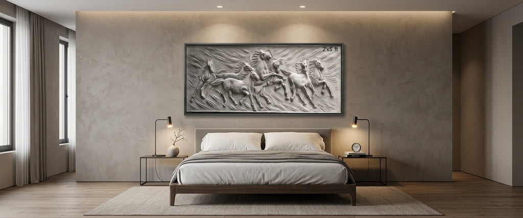 Seven Running Horses 3D Relief Sculpture Mural Panel - Room Mockup 3