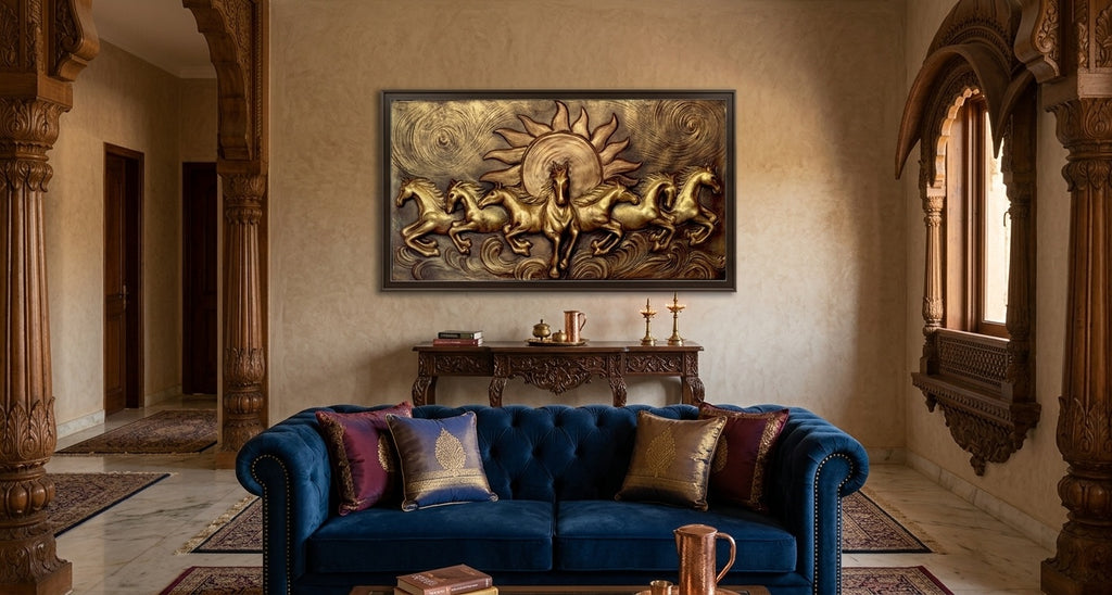 7 Running Horses with Sun 3D Relief Wall Art Panel - Room Mockup 1