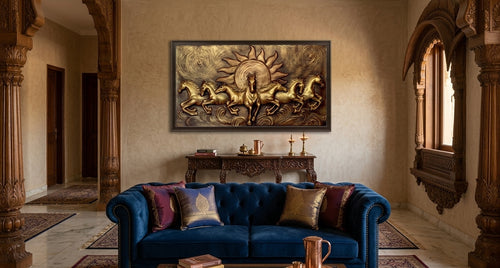 7 Running Horses with Sun 3D Relief Wall Art Panel - Room Mockup 1