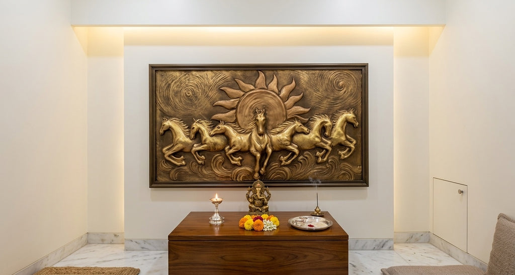 7 Running Horses with Sun 3D Relief Wall Art Panel - Room Mockup 2
