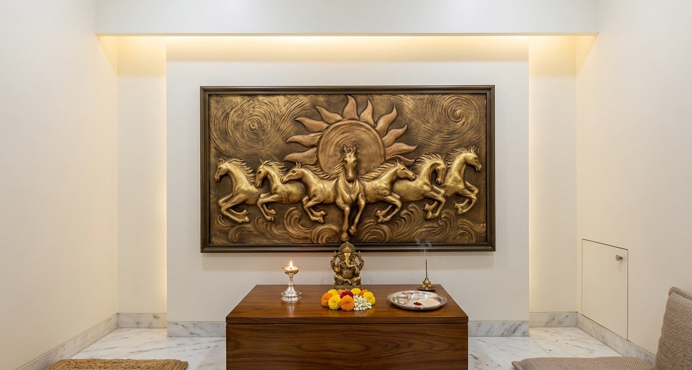 7 Running Horses with Sun 3D Relief Wall Art Panel - Room Mockup 2