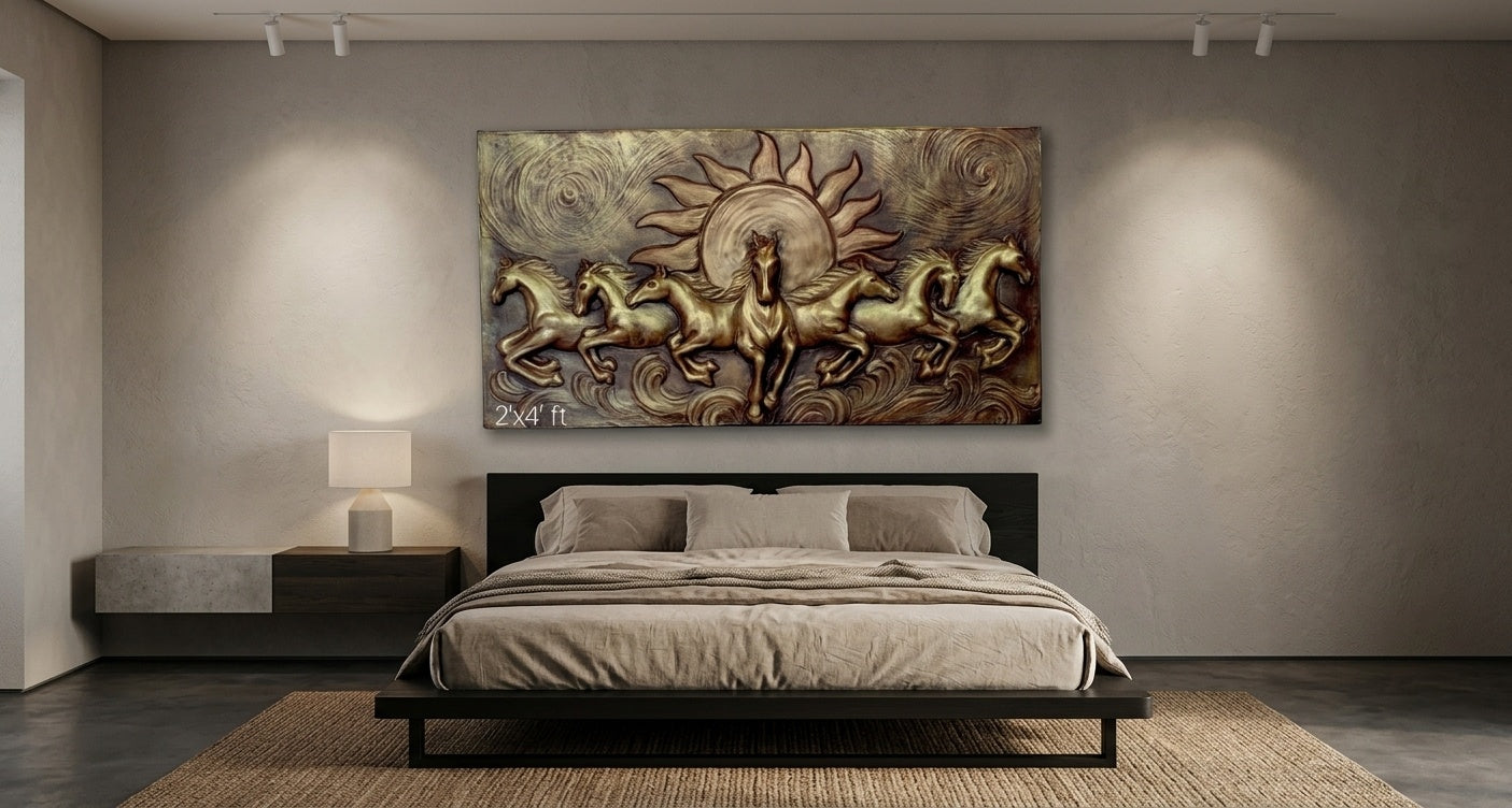 7 Running Horses with Sun 3D Relief Wall Art Panel - Room Mockup 3