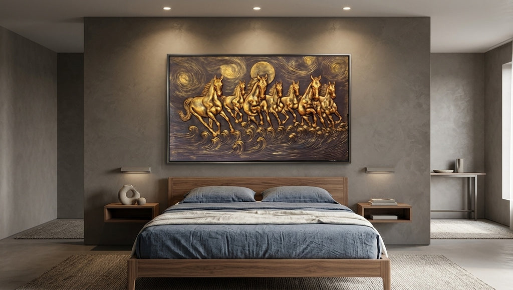 Seven Running Horses 3D Relief Mural Wall Art - Room Mockup 3