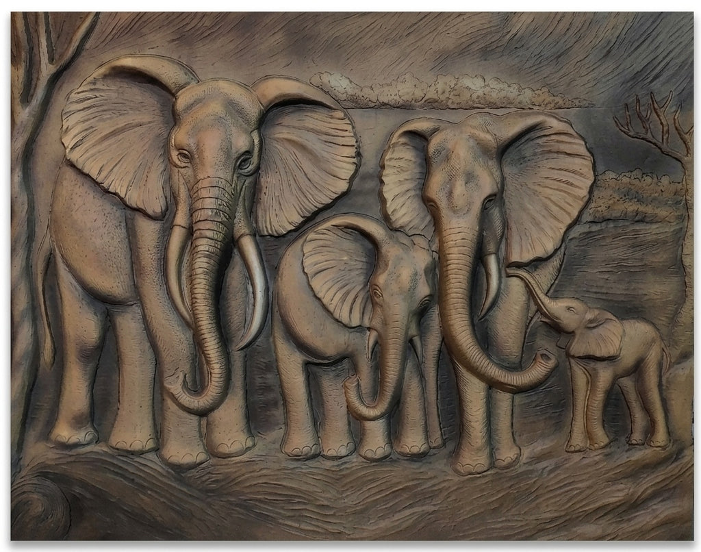 Majestic Elephant Family 3D Relief Sculpture Panel - Studio Detail