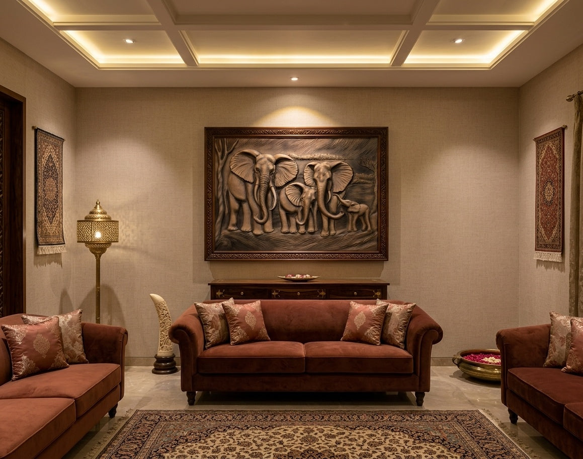 Majestic Elephant Family 3D Relief Sculpture Panel - Room Mockup 1