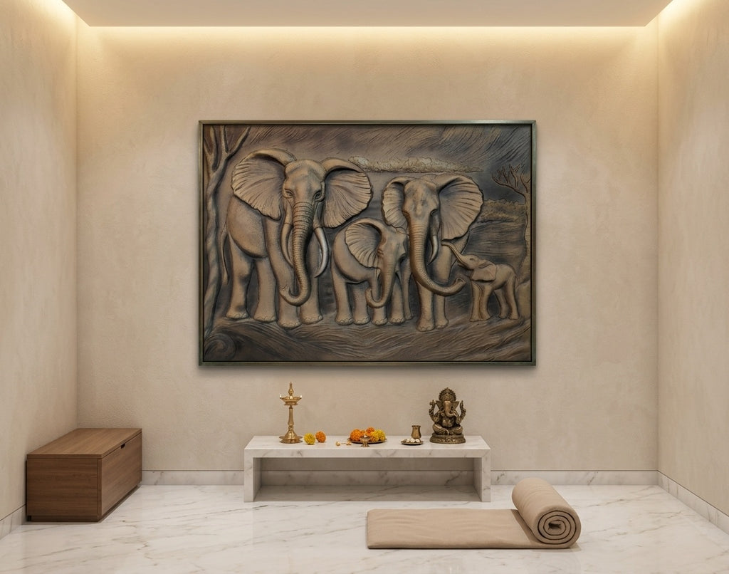 Majestic Elephant Family 3D Relief Sculpture Panel - Room Mockup 2