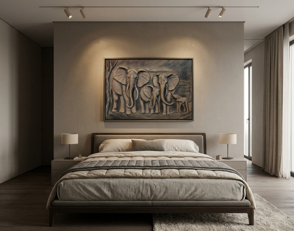 Majestic Elephant Family 3D Relief Sculpture Panel - Room Mockup 3