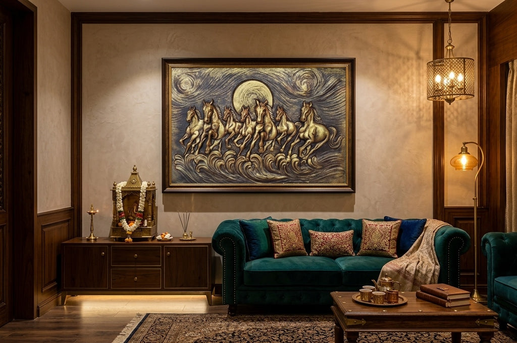 Seven Running Horses 3D Relief Mural Panel - Room Mockup 1