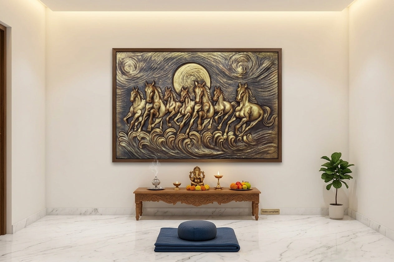 Seven Running Horses 3D Relief Mural Panel - Room Mockup 2