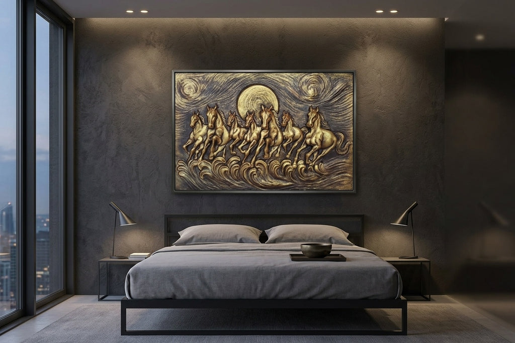 Seven Running Horses 3D Relief Mural Panel - Room Mockup 3