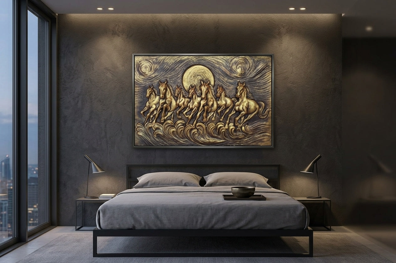 Seven Running Horses 3D Relief Mural Panel - Room Mockup 3
