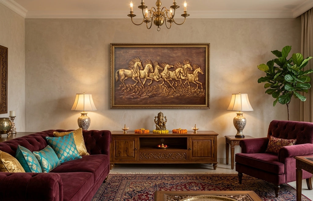 Seven Running Horses Vastu 3D Relief Mural Panel - Room Mockup 1