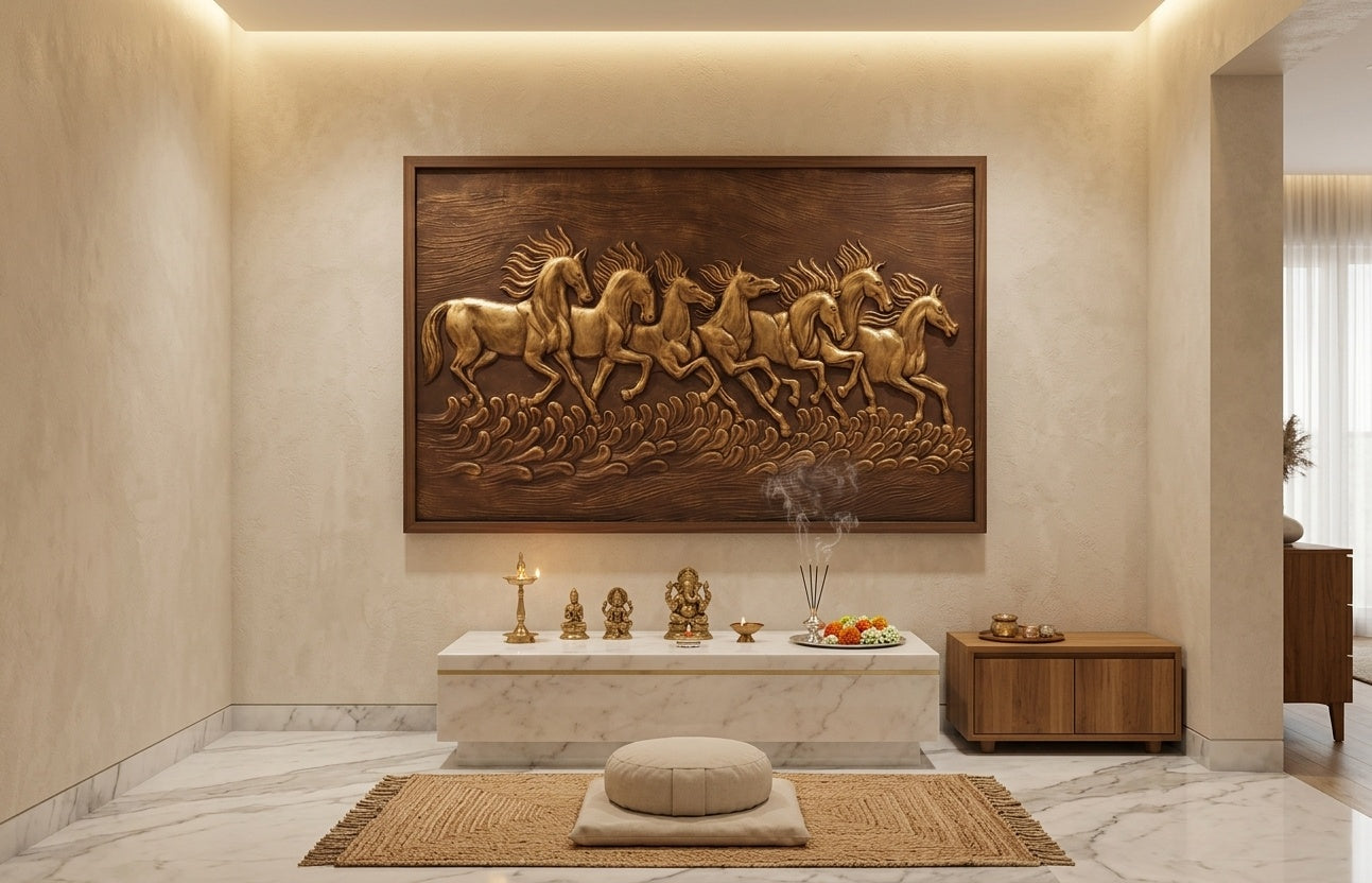 Seven Running Horses Vastu 3D Relief Mural Panel - Room Mockup 2