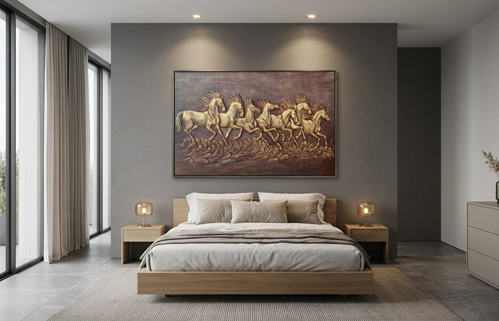 Seven Running Horses Vastu 3D Relief Mural Panel - Room Mockup 3