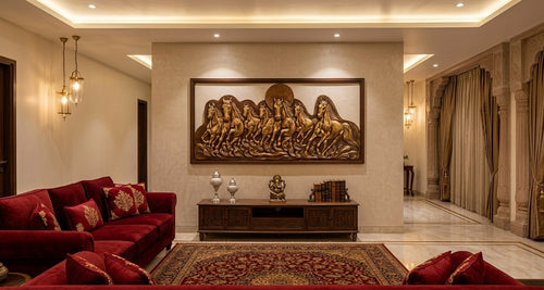 7 Running Horses Antique Gold 3D Relief Mural Wall Art - Room Mockup 1