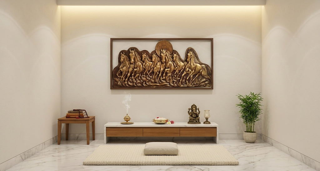 7 Running Horses Antique Gold 3D Relief Mural Wall Art - Room Mockup 2
