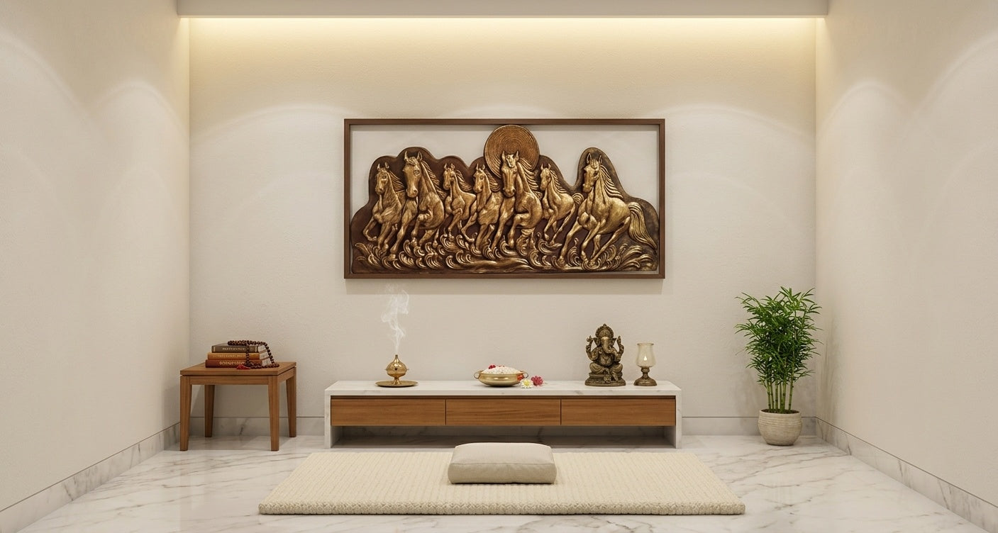 7 Running Horses Antique Gold 3D Relief Mural Wall Art - Room Mockup 2