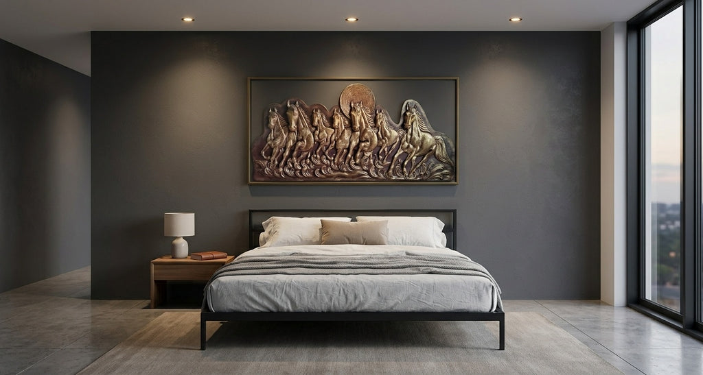7 Running Horses Antique Gold 3D Relief Mural Wall Art - Room Mockup 3