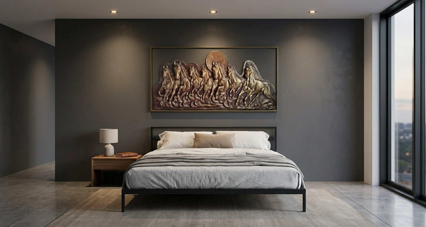 7 Running Horses Antique Gold 3D Relief Mural Wall Art - Room Mockup 3