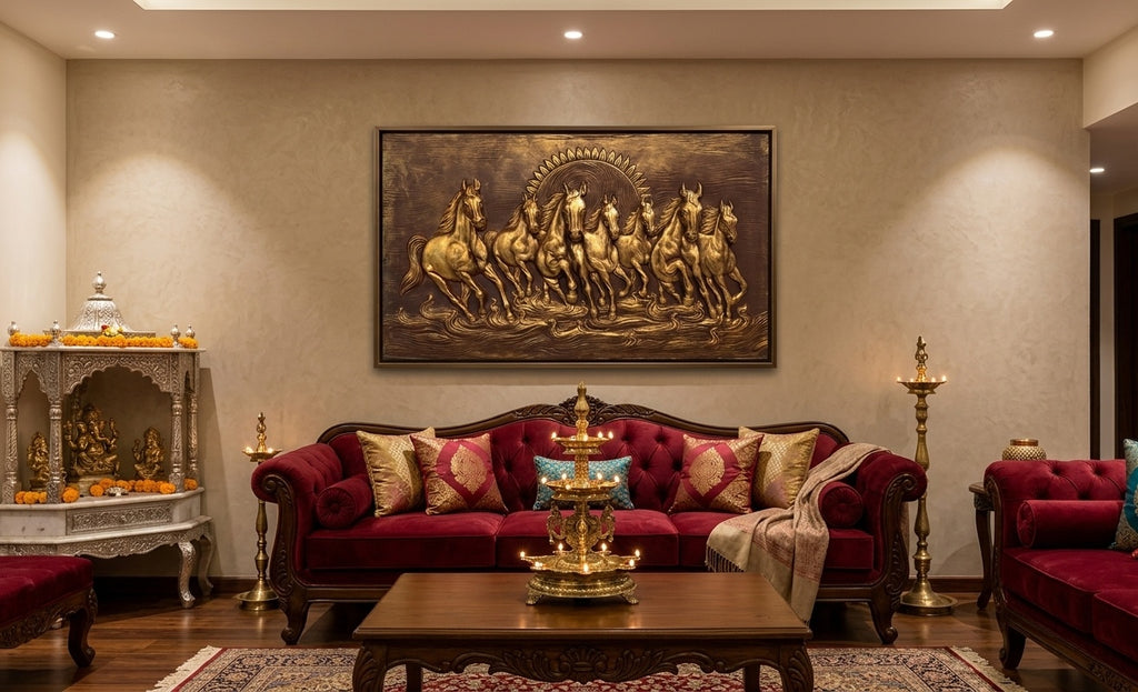 Seven Running Horses Vastu 3D Relief Mural Wall Art - Room Mockup 1
