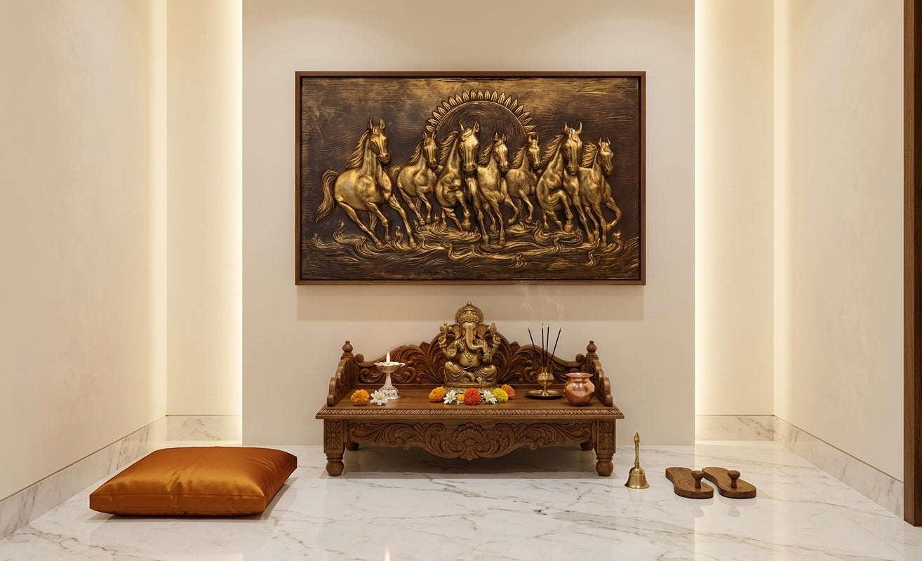 Seven Running Horses Vastu 3D Relief Mural Wall Art - Room Mockup 2