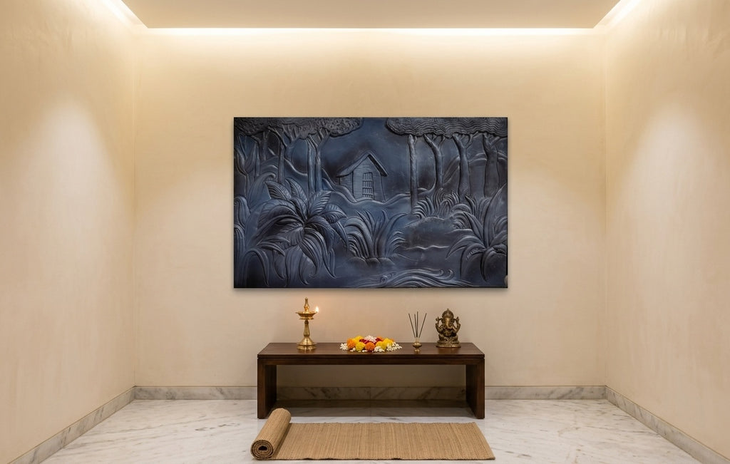 Rustic Forest Cabin 3D Relief Sculpture Panel - Room Mockup 2