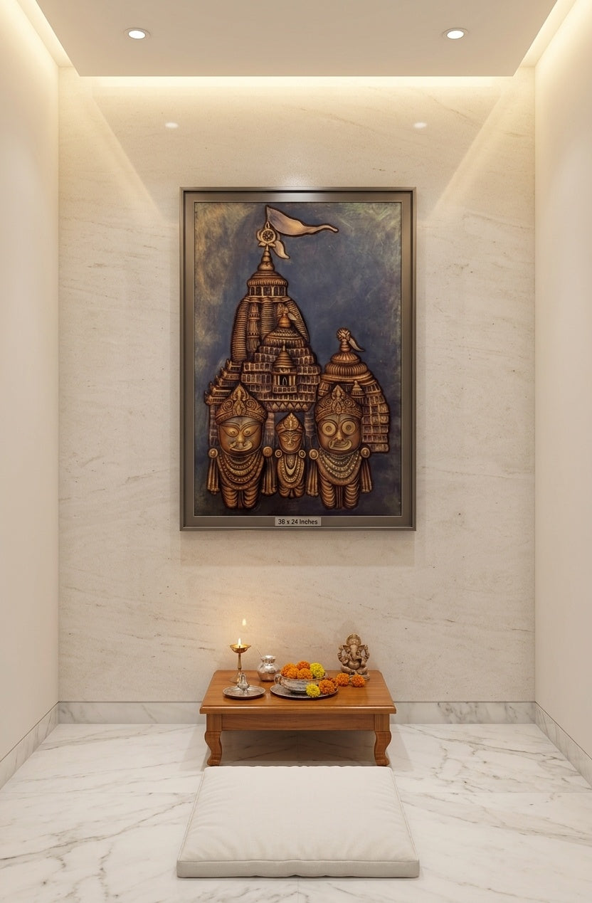 Shree Jagannath Dham & Trinity 3D Relief Mural Wall Art - Room Mockup 2