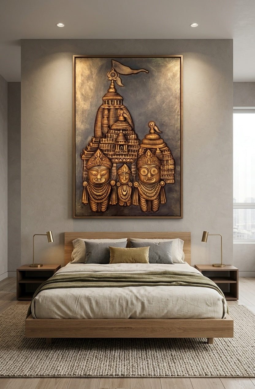 Shree Jagannath Dham & Trinity 3D Relief Mural Wall Art - Room Mockup 3