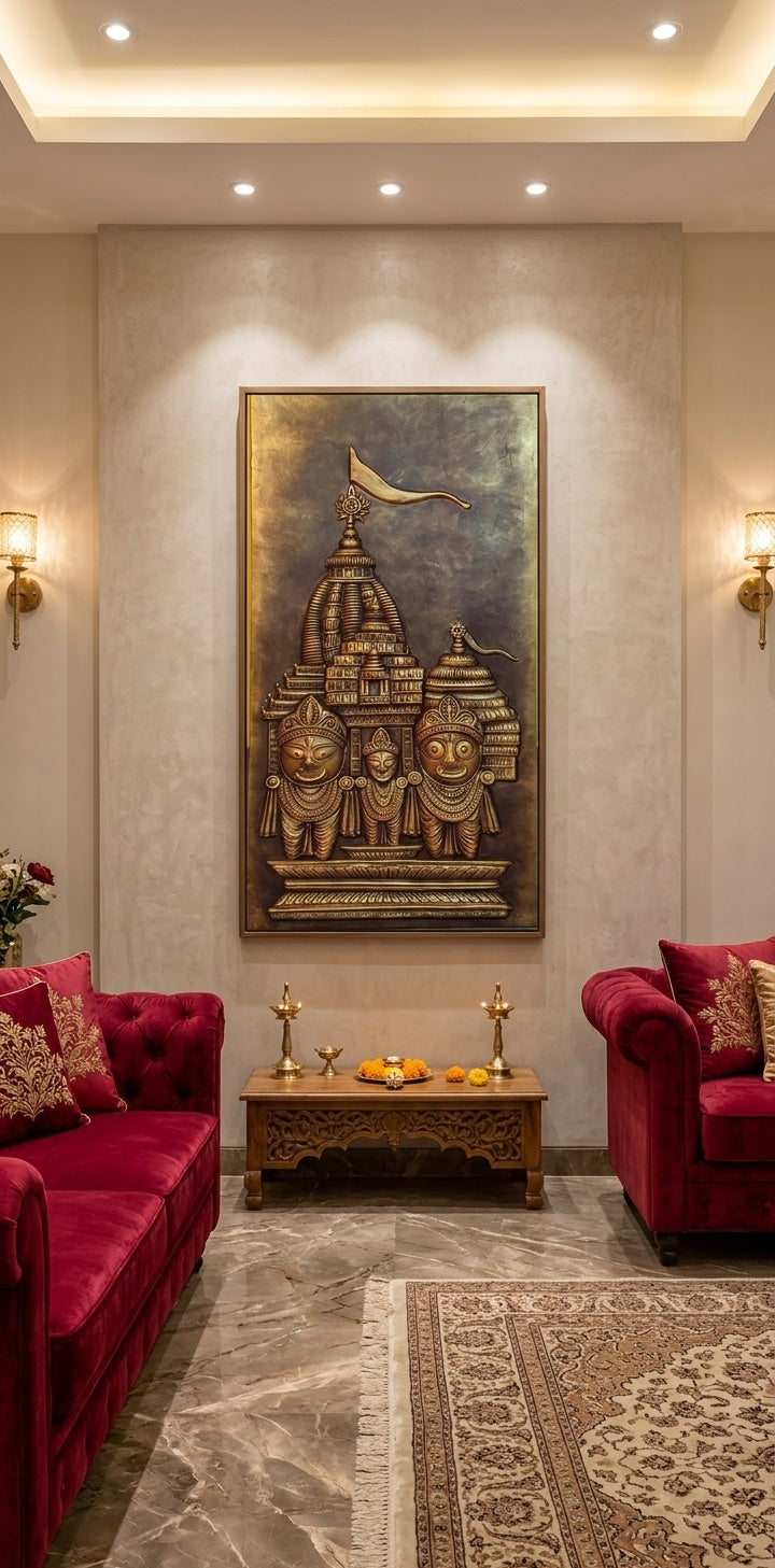 Lord Jagannath, Balabhadra, and Subhadra with Puri Temple 3D Relief Wall Art - Room Mockup 1