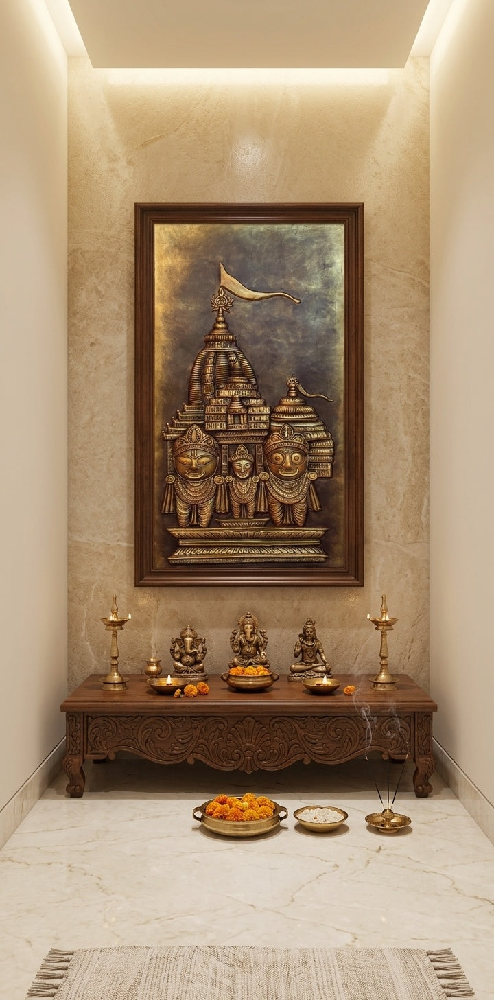 Lord Jagannath, Balabhadra, and Subhadra with Puri Temple 3D Relief Wall Art - Room Mockup 2