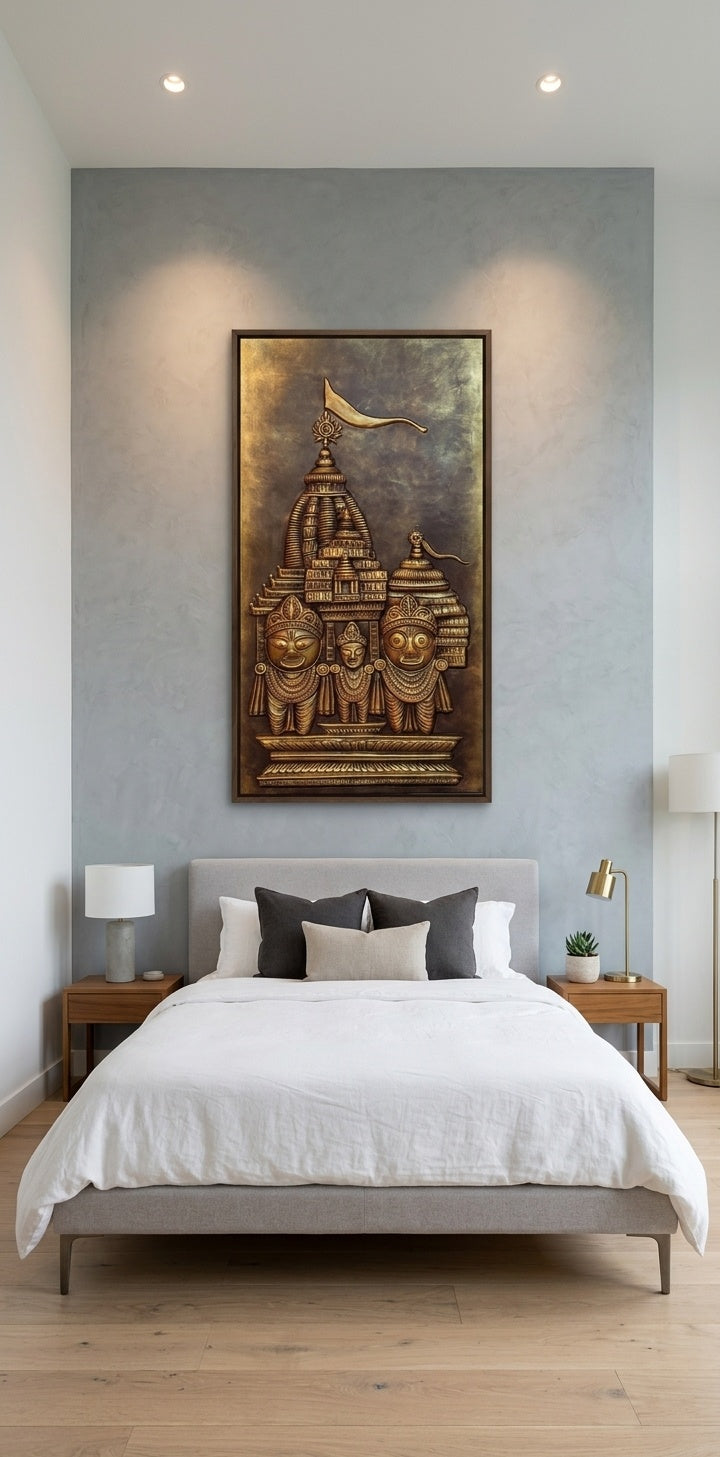 Lord Jagannath, Balabhadra, and Subhadra with Puri Temple 3D Relief Wall Art - Room Mockup 3