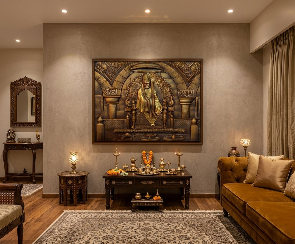 Shirdi Sai Baba Shraddha Saburi 3D Relief Mural Panel - Room Mockup 1