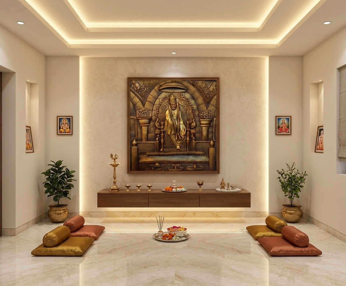 Shirdi Sai Baba Shraddha Saburi 3D Relief Mural Panel - Room Mockup 2