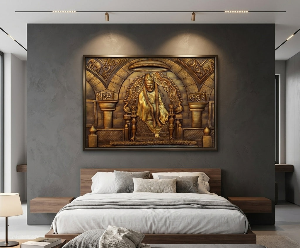 Shirdi Sai Baba Shraddha Saburi 3D Relief Mural Panel - Room Mockup 3