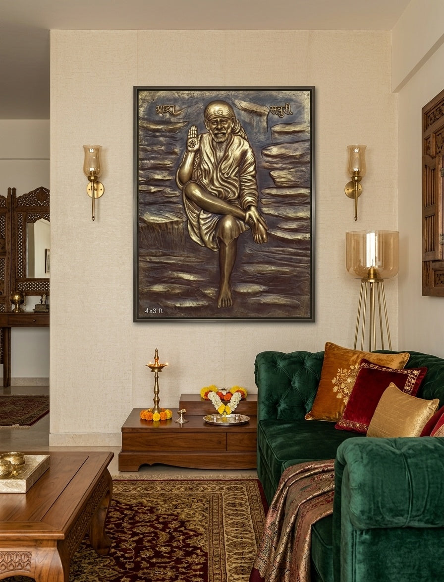 Shirdi Sai Baba Blessing 3D Relief Mural Wall Art - Room Mockup 1
