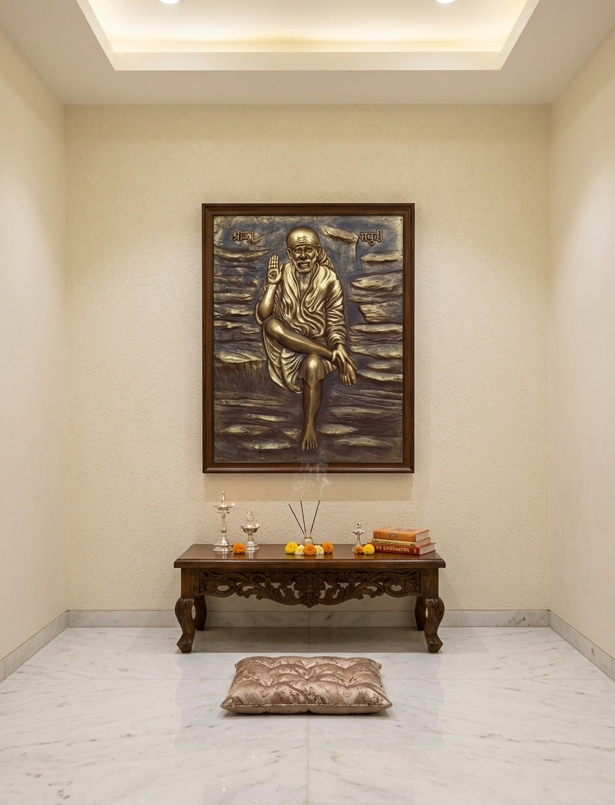 Shirdi Sai Baba Blessing 3D Relief Mural Wall Art - Room Mockup 2
