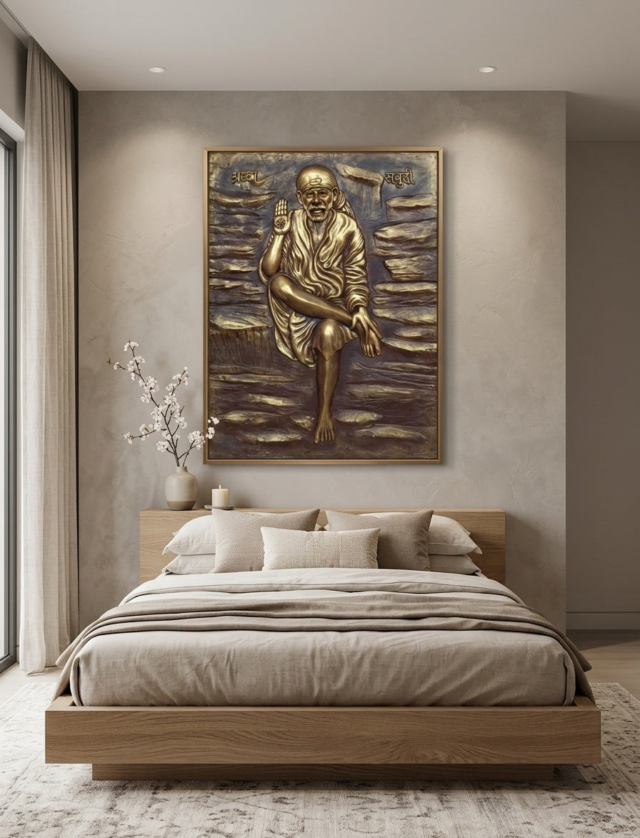 Shirdi Sai Baba Blessing 3D Relief Mural Wall Art - Room Mockup 3